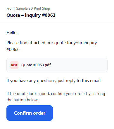 Email with a quote and a Confirm order button
