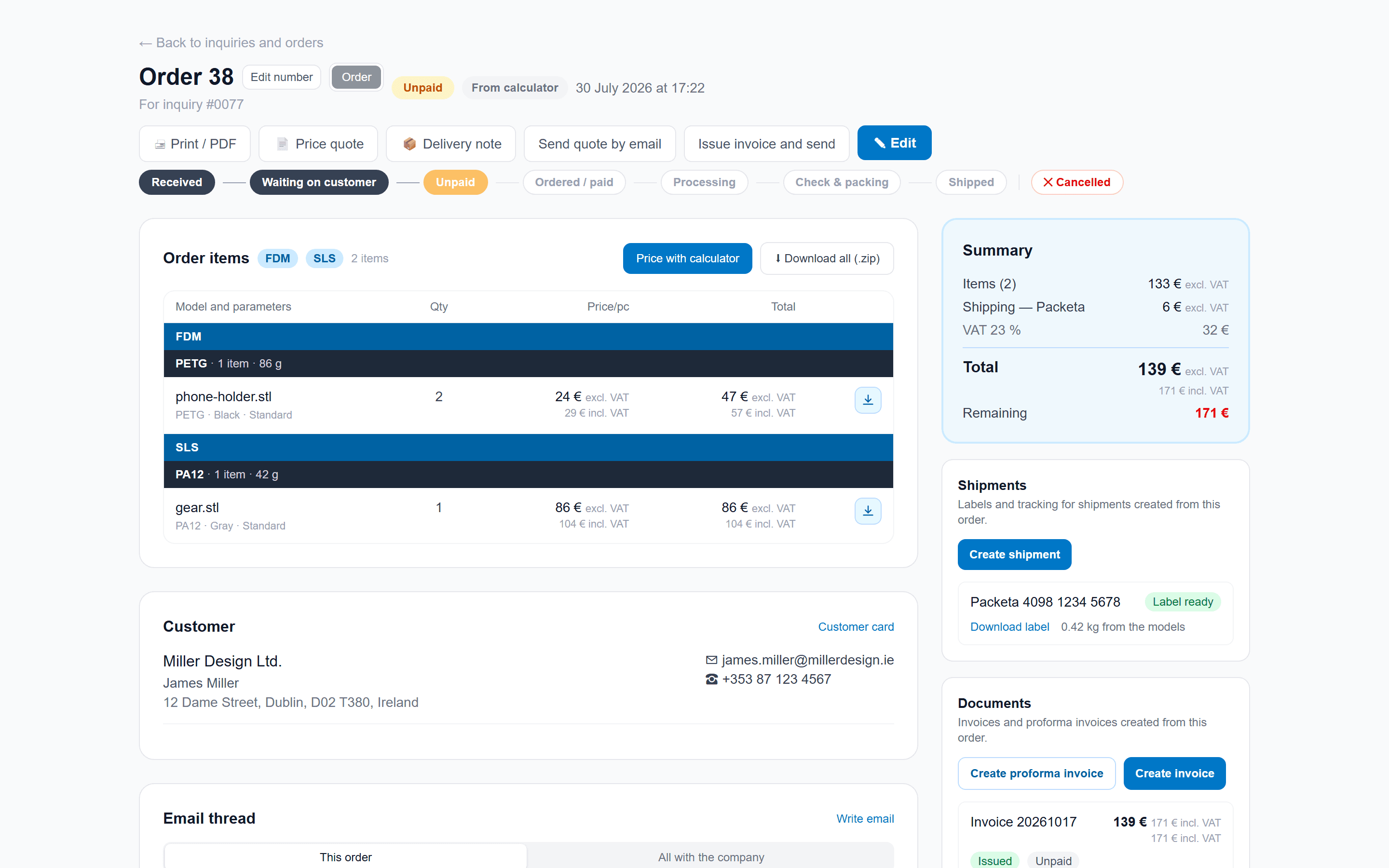 Order detail: calculator line items, quote, invoice and shipping label on one screen
