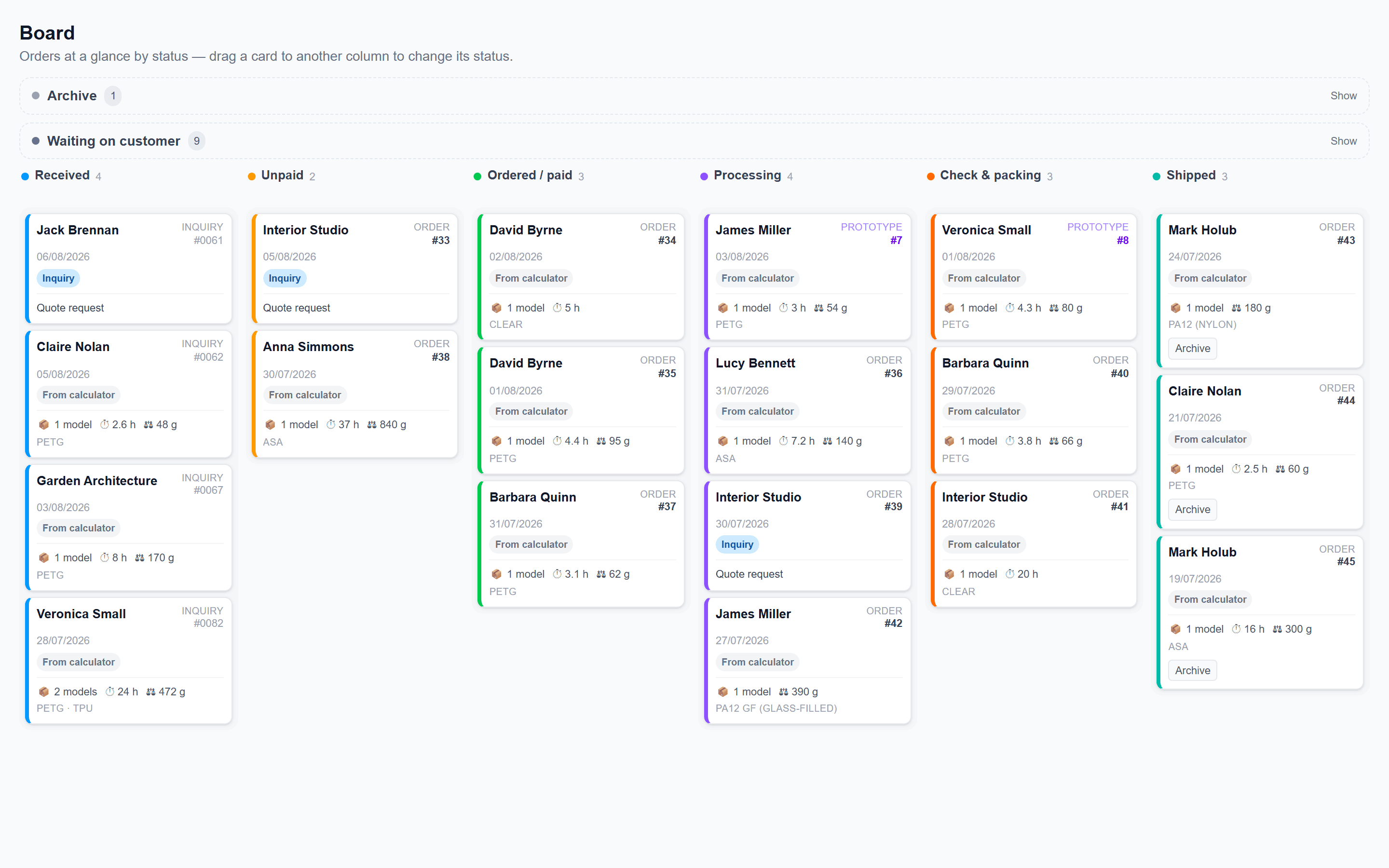 Board with jobs in every status — received, unpaid, in production, shipped