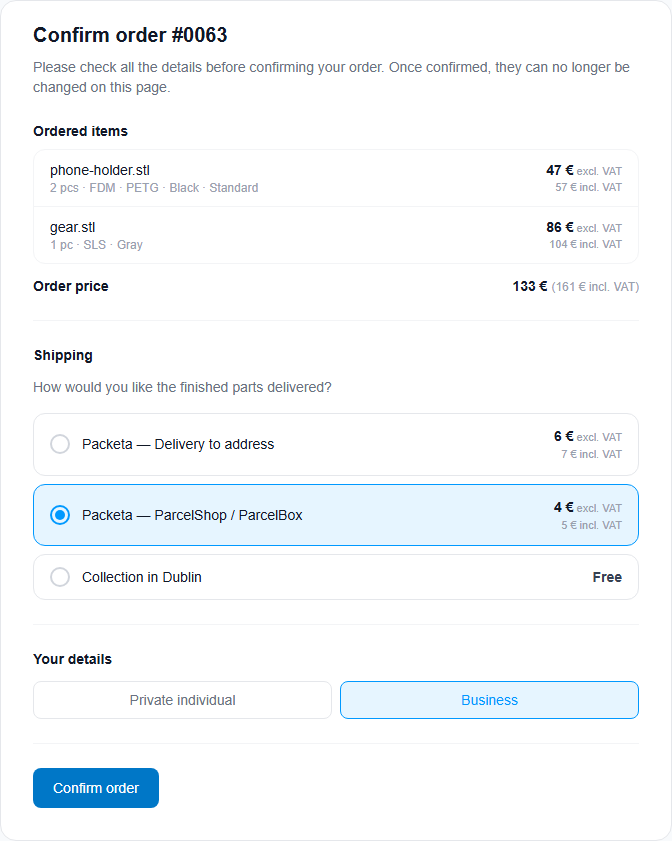 The page where the customer checks the price, fills in their details and picks shipping